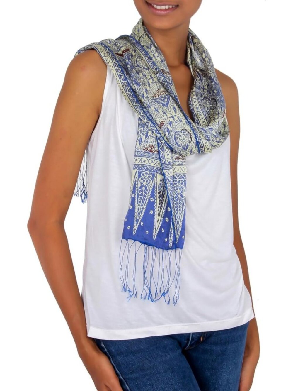 Elegant Silk Batik Scarf in Royal Java Blue - Handcrafted Fashion Accessory